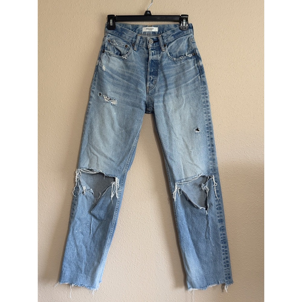Moussy Vintage Japanese Selvedge Distressed Straight Leg Jeans 25 Light Wash